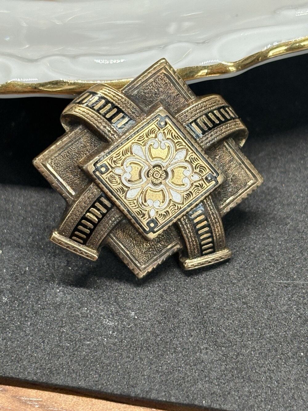 Vintage Victorian Diamond Shape Enamel Knot Bow Floral Gold Filled Brooch Pin